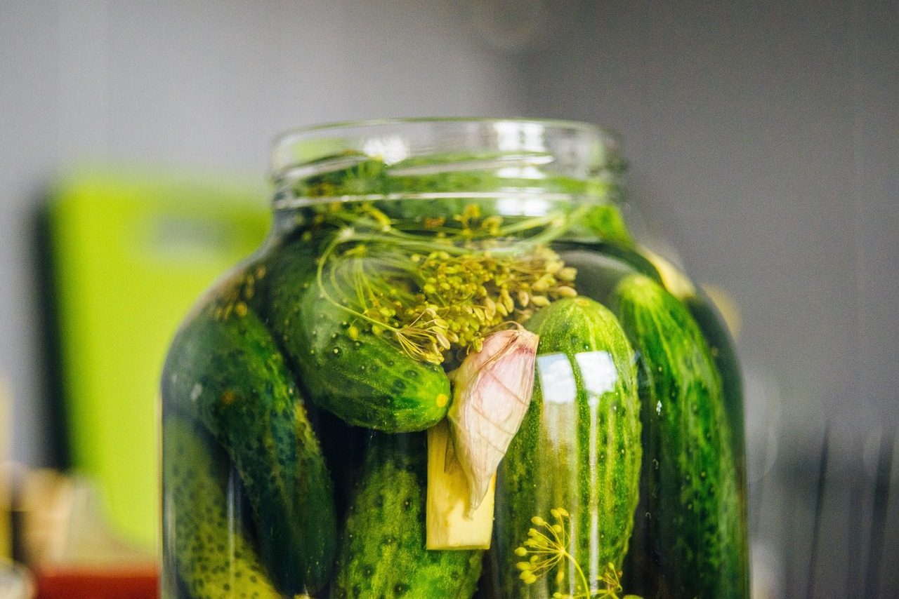 Einmachglas mit eingelegten Gurken, Dill und Knoblauch