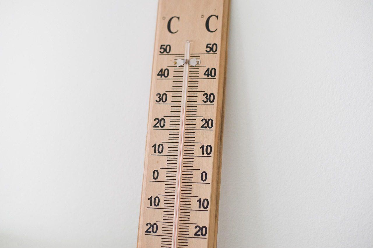Holzthermometer mit Celsius-Skala an einer weißen Wand